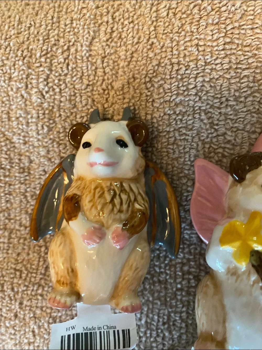 Cracker Barrel Ceramic possum Bat Fairy mini salt pepper set- Pink & Gray Wings